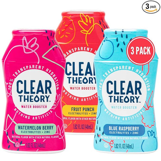 Clear Theory Water Flavoring Drops, Electrolytes Drink Mix, Water Enhancer Liquid, Flavored Hydration for Kids, Vegan, Gluten Free, Low Calories, Stevia, Variety Pack, 3 Pack, 1.62 Fl Oz Bottles
