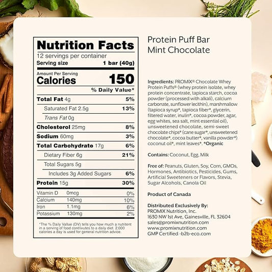 ProMix Protein Puff Bars, 12-Pack - Mint Chocolate- Marshmallow Crispy Treat - Great Tasting & Healthy On The Go Snack - High Protein & Low Calorie - Non-GMO & Free From Gluten, Soy, & Corn