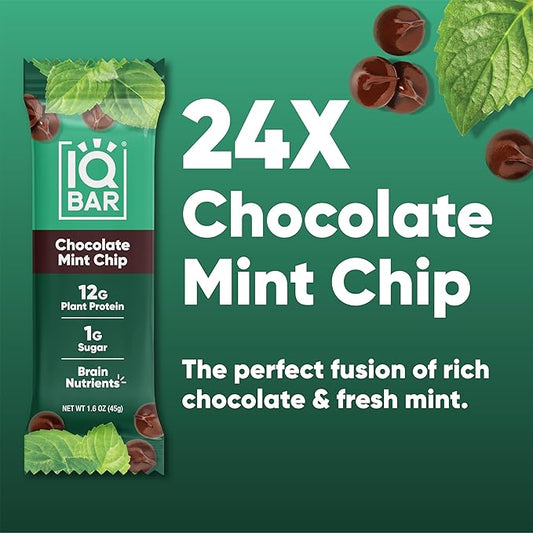 IQBAR Brain and Body Plant Protein Bars - Chocolate Mint Chip - 24-Count Low Carb - Gluten Free, High Fiber, Vegan Snacks - Low Sugar Meal Replacement