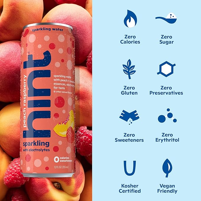 Hint Sparkling Water, Peach Raspberry - Canned Flavored Water Beverages with Electrolytes, Zero Calories, and Sugar Free - 12 Fl Oz Cans (Pack of 12)