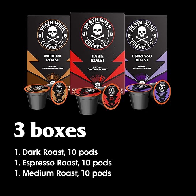 Death Wish Coffee Co., Single Serve Coffee - 10 Each of Medium, Dark, and Espresso Roast - Mixed Roast Variety Pack
