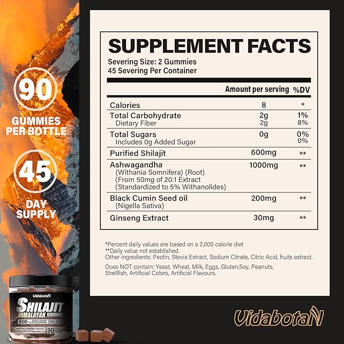 Shilajit Gummies 600 MG, 85+ Trace 90 Gummies