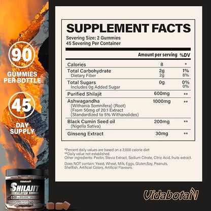 Shilajit Gummies 600 MG, 85+ Trace 90 Gummies