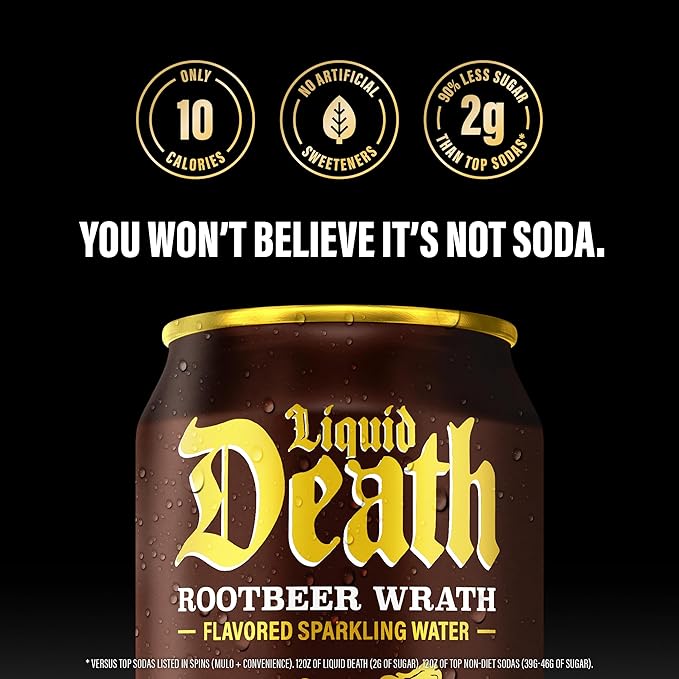 Liquid Death, Rootbeer Wrath, Root Beer-Flavored Sparkling Water, 12-Pack (12oz Cans), Low Calorie & No Artificial Sweeteners