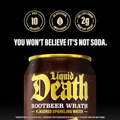 Liquid Death, Rootbeer Wrath, Root Beer-Flavored Sparkling Water, 12-Pack (12oz Cans), Low Calorie & No Artificial Sweeteners