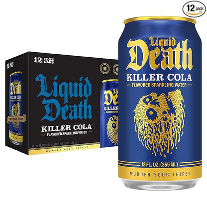 Liquid Death, Killer Cola, Soda-Flavored Sparkling Water, 12-Pack (12oz Cans), Low Calorie & No Artificial Sweeteners