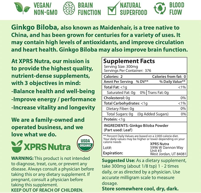 XPRS Nutra Organic Ginkgo Biloba Powder (4 oz)
