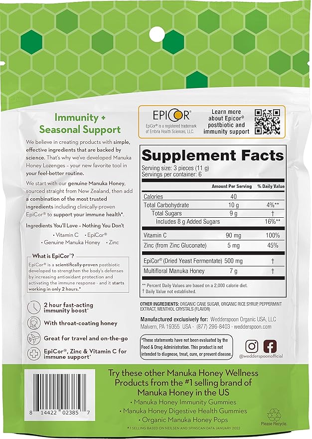 Wedderspoon Manuka Honey Immunity Lozenges, Cool 2.6 Oz 1), Genuine