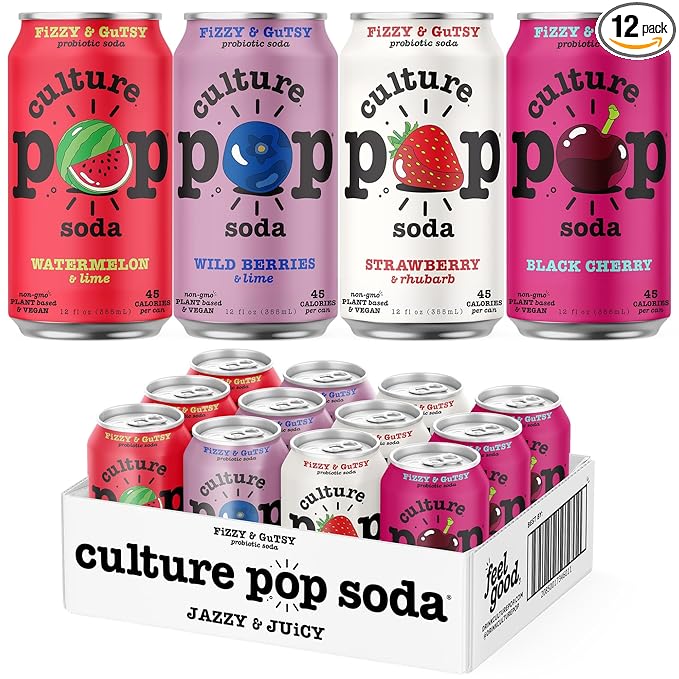 Culture Pop Soda, Jazzy & Juicy Variety Pack, Probiotic Low Sugar Soda, Sparkling Juice Alternative, Non-GMO, Kosher, Gluten-Free, No Stevia (12pk)