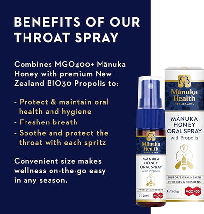 MANUKA HEALTH, Manuka Honey Throat Spray with Propolis .67 fl oz, Protects & Freshens, MGO 400+, BIO30 New Zealand Propolis