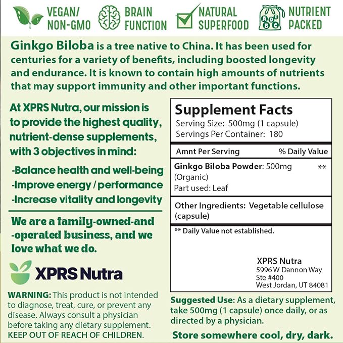 XPRS Nutra Ginkgo Biloba Capsules 180 Count