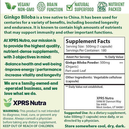 XPRS Nutra Ginkgo Biloba Capsules 180 Count