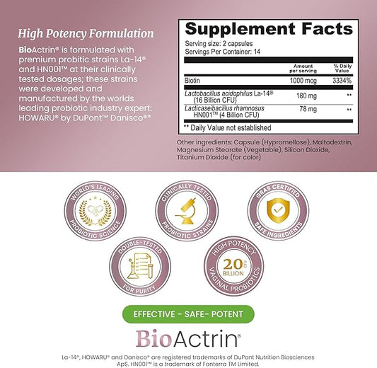 Bioactrin Vaginal Probiotics for Women - Formulated Bacterial Vaginosis Treatment, Yeast Infection and Vaginitis Relief - BV Treatment for Women Probiotic- pH Female Vaginitis Support - 28 Pills