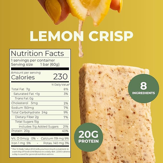 Elevated Gains Lemon Crisp Protein Bars, 10 Pack - 20g of Protein & 8 Natural Ingredients, Sweetened with Honey, No Artificial Sweeteners, Healthy Snack for On the Go