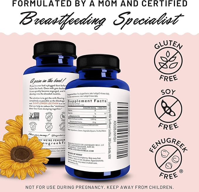 Legendairy Milk Sunflower Lecithin 1200mg, Lactation Support, Sunflower Lecithin Supplement for Clogged Milk Ducts, Made in USA, 200 Softgels