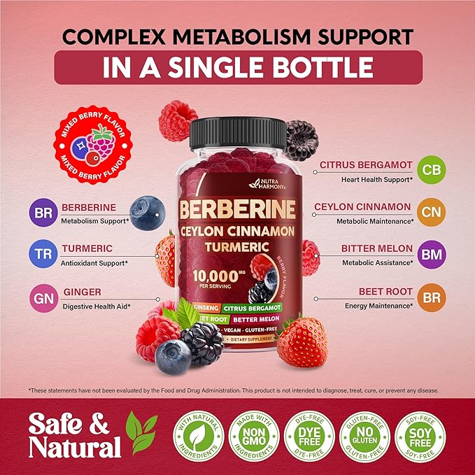 Berberine with Ceylon Cinnamon Gummies 10000 mg 7-in-1 Heart 60 Gummies