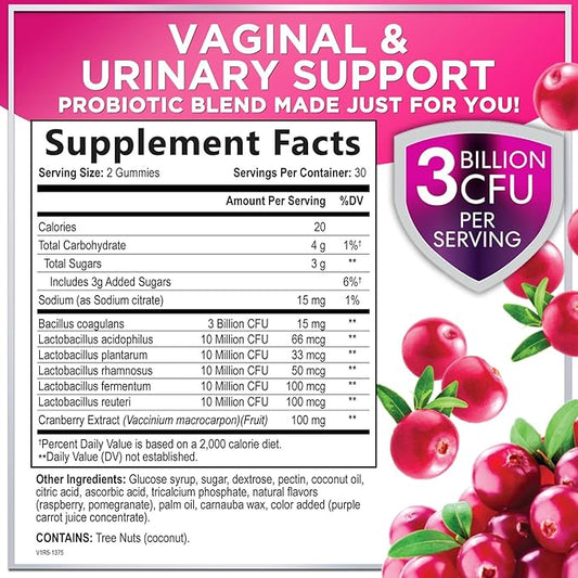 Women's Probiotic - Probiotics for Women Gummy for Digestive Health, Vaginal pH, Urinary & Immune Health Support, 3 Billion CFU w/Cranberry, Probiotic & Prebiotic Gummies for Women - 60 Gummies