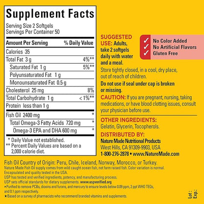 Nature Made Fish Oil 1200 mg 3 Fish 3 Supplement 100 Softgels, 50 Day