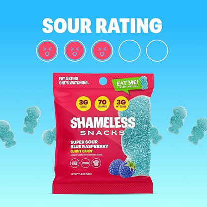 Shameless Snacks - Healthy Low Calorie Snacks, Low Carb Keto Gummies (Gluten Free Candy) - 6 Pack Sour Blue Raspberry