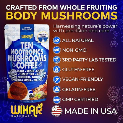 Wixar Nootropics Mushroom Coffee - Ten Superfood Extract Instant Coffee Powder with Lions Mane, Turkey Tail, Reishi, Chaga, Shiitake, Rhodiola Rosea, Gotu Kola, Bacopa - 5oz Mushrooms Supplement