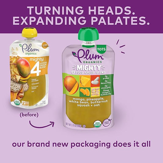 Plum Organics Mighty 4 Organic Toddler Food - Mango, Pineapple, White Bean, Butternut Squash, and Oat - 3.75 oz Pouch (Pack of 12) - Organic Fruit and Vegetable Toddler Food Pouch