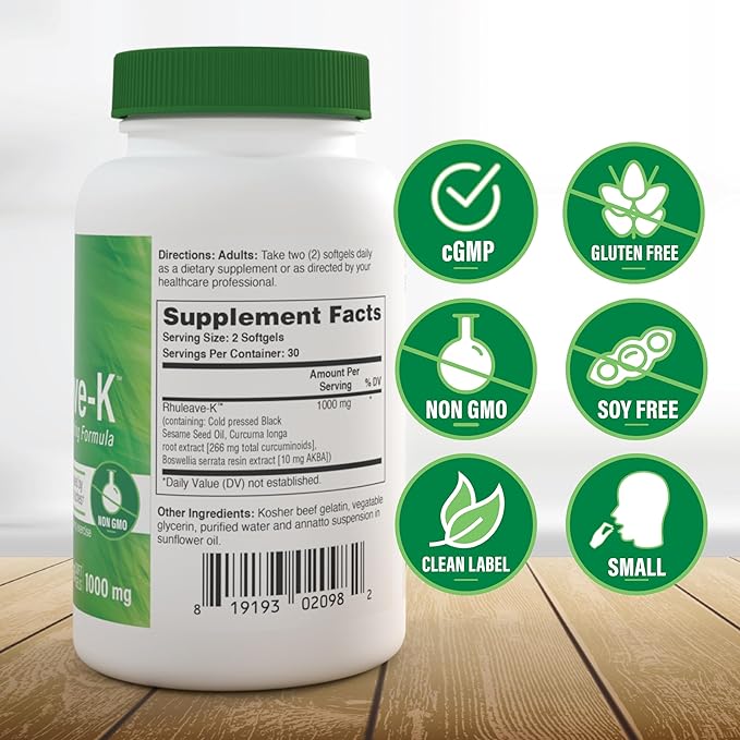 Health Thru Nutrition Acute Formula | Rhuleave-K 1,000mg Curcumin, Boswellia and Black Sesame Seed Oil | Joint and Muscle Fast Acting | Clinically Studied | Non-GMO (Pack of 60)