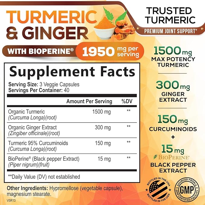 Turmeric Curcumin Supplement 1950mg with Organic Turmeric & Ginger, 95% Curcuminoids, BioPerine Black Pepper for Best Absorption, Nature's Vegan Joint Support, Non-GMO, Bottled in USA - 120 Capsules