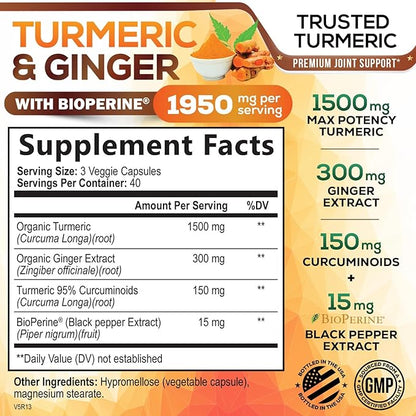 Turmeric Curcumin Supplement 1950mg with Organic Turmeric & Ginger, 95% Curcuminoids, BioPerine Black Pepper for Best Absorption, Nature's Vegan Joint Support, Non-GMO, Bottled in USA - 120 Capsules