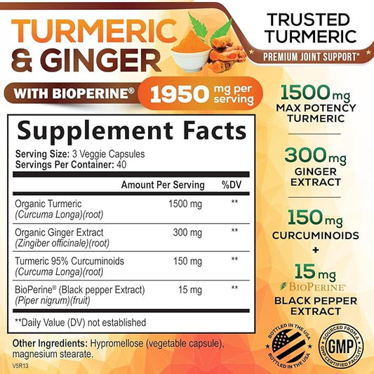 Turmeric Curcumin Supplement 1950mg with Organic Turmeric & Ginger, 95% Curcuminoids, BioPerine Black Pepper for Best Absorption, Nature's Vegan Joint Support, Non-GMO, Bottled in USA - 120 Capsules