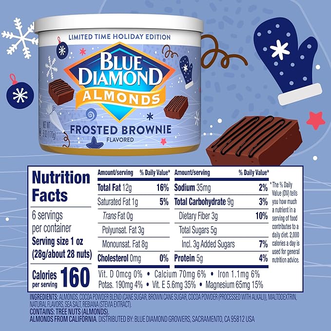 Blue Diamond, Holiday Frosted Brownie Flavored Sweet Snack Nut Almonds Perfect Size for On-The-Go, Holidays and Gatherings, Lunch, Adults and Kids, 6oz Can