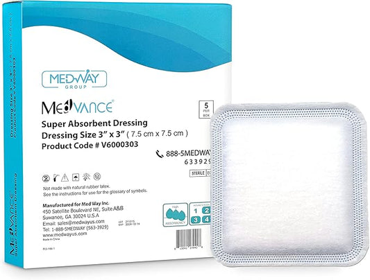 MedVance Super Absorbent Dressing, Non-Adhesive Pads 1st/2nd Degree 5 Dressings (3"x3" Bandage, 1.75"x1.75" Absorbent