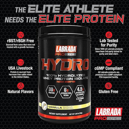 Labrada HYDRO 100% Pure Hydrolyzed Whey 6g BCAA’s, 4.5g Glutamine, 20 Servings