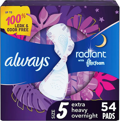 Always Radiant Overnight Feminine Pads 5 Extra 54 ct