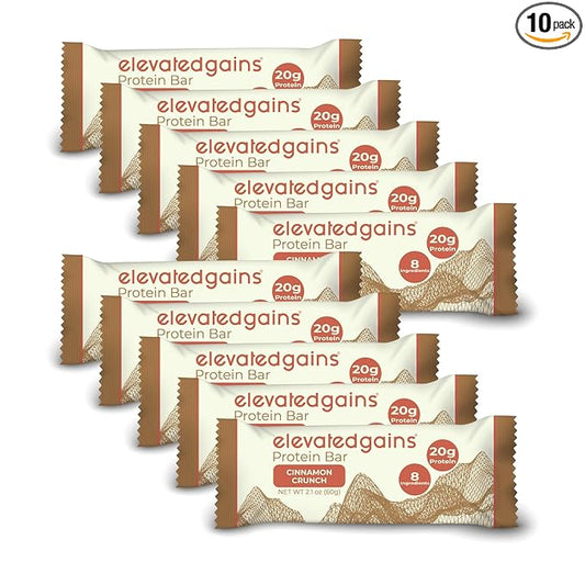 Elevated Gains Cinnamon Crunch Protein Bars, 10 Pack - 20g of Protein & 8 Natural Ingredients, Sweetened with Honey, No Artificial Sweeteners, Healthy Snack for On the Go