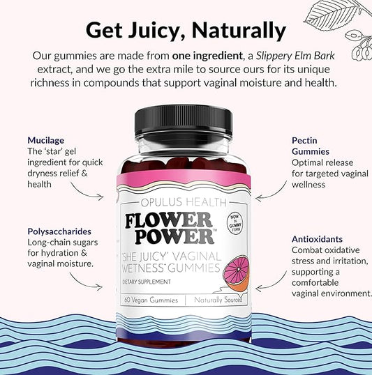 Flower Power She Juicy Gummies - Vaginal Moisturizer for Dryness, Feminine Care, Sugar Free Slippery Elm Bark Mix Berries, Blueberry Flavor, Vegan, 60 Gummies