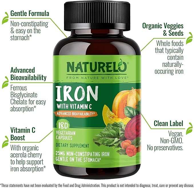 NATURELO Vegan Iron Supplement with Vitamin 180 Mini
