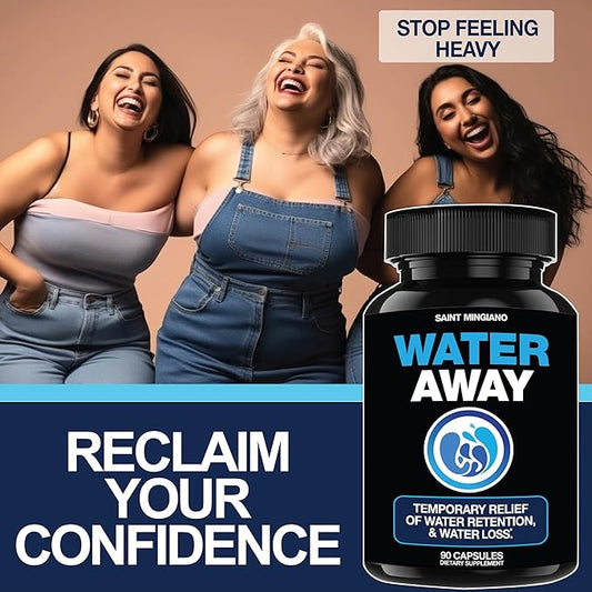 Water Away - Water Retention and Flushing, Aids in Water Relief & Water Loss for Swollen Ankles Feet, Legs or Bloating - Fast Acting Water Away Pills for Women and Men (90 Capsules)
