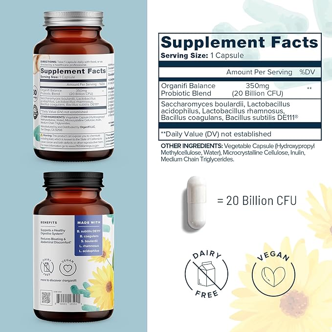 Organifi Balance Probiotics for Digestive Health - 5 Resilient Strains, 30 Vegan Capsules