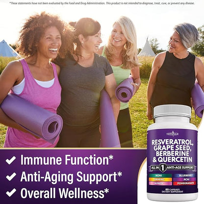 NEW AGE Resveratrol, Berberine, Grape Seed Extract, Quercetin, Polyphenol Supplement for Women and Men with Noni Extract, N-Acetyl Cysteine, Acai Extract - 120 Capsules