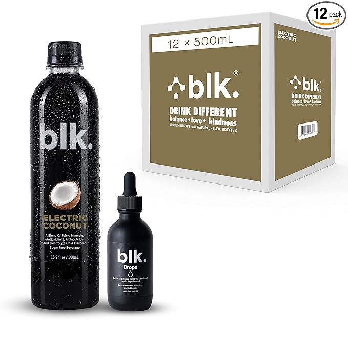 blk. Natural Mineral Alkaline Water, Electric Coconut, 16.9 oz. (500 mL), 12 Pack, 8 pH Water, Bioavailable Fulvic & Humic Acid Extract