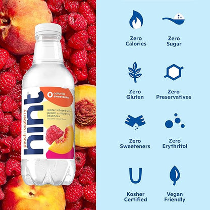 Hint Water Peach Raspberry, Pure Water Infused with Peaches & Raspberries, Zero Sugar, Zero Calories, Zero Sweeteners, Zero Preservatives, Zero Artificial Flavors, 16 Fl Oz (Pack of 12)