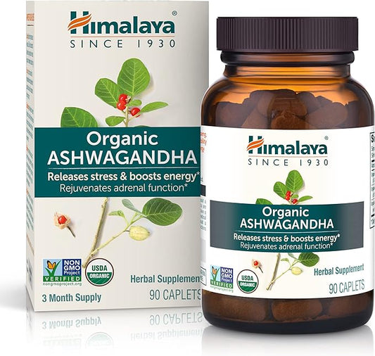 Himalaya Organic Ashwagandha, 90 Day Supply, Herbal Supplement for Stress Relief, Energy, Occasional Sleeplessness, Excipient Free, Organic, Non-GMO, Vegan, Gluten Free, 670 mg, 90 Caplets