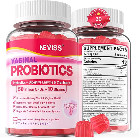 Vaginal Probiotics Gummies for Women PH Balance, Odor Control with Prebiotics, Cranberry, D-Mannose, Promotes Feminine Healthy Vaginal Flora, Urinary Tract, Yeast, Digestive Support, Sugar Free,60Cts