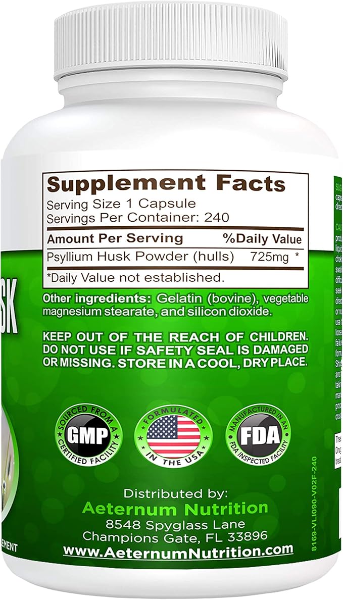 Aeternum Psyllium Husk Caps USA Made 240 Husk 725 Mg 100% Soluble