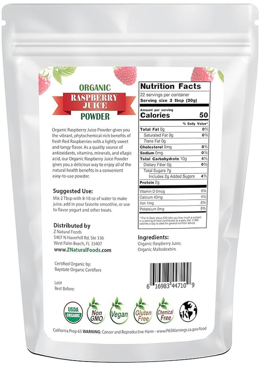 Organic Red Raspberry Juice Powder - Superfood Berry Supplement - Mix In Drinks, Shakes, Smoothies, Cakes, Cooking & Baking Recipes - Non GMO, Gluten Free, Vegan, Kosher - 1 lb