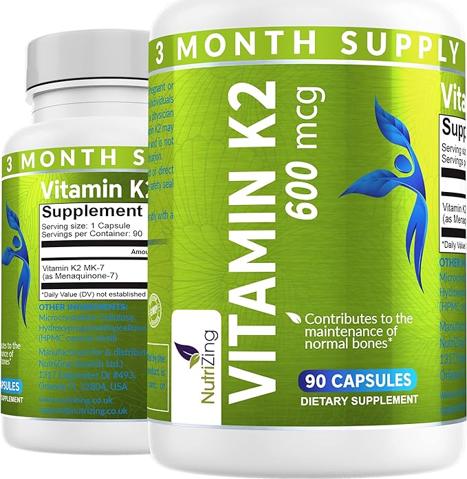 NutriZing K2 Vitamin Supplement MK-7 600mcg - 90 Vegan K2 for 3 Month