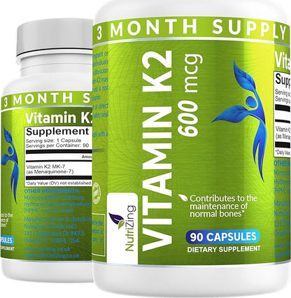 NutriZing K2 Vitamin Supplement MK-7 600mcg - 90 Vegan K2 for 3 Month
