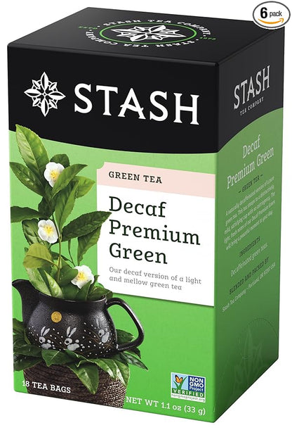 Stash Tea Decaf Premium Green Tea - Decaf, Non-GMO Project Verified Premium Tea with No Artificial Ingredients, 18 Count (Pack of 6) - 108 Bags Total