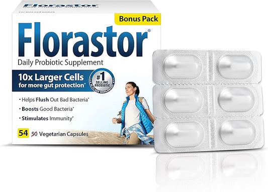 Florastor Probiotics for Digestive and Immune Health, 54 Capsules, Probiotics for Women & Men, Helps Flush Out Bad Bacteria, Boosts The Good with Our Strain Saccharomyces Boulardii, Packaging May Vary