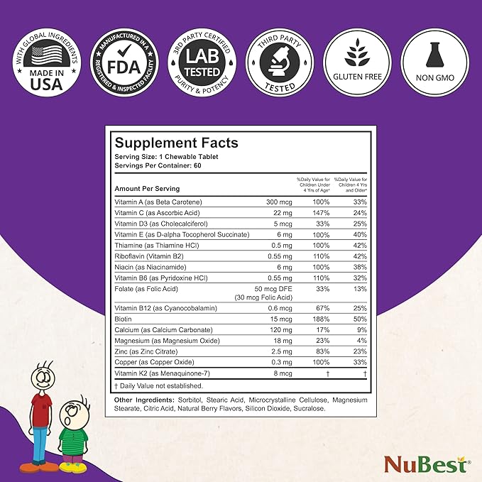 NuBest Tall Kids for Toddlers and 2 to 9 - 60 Chewable 6 Pack